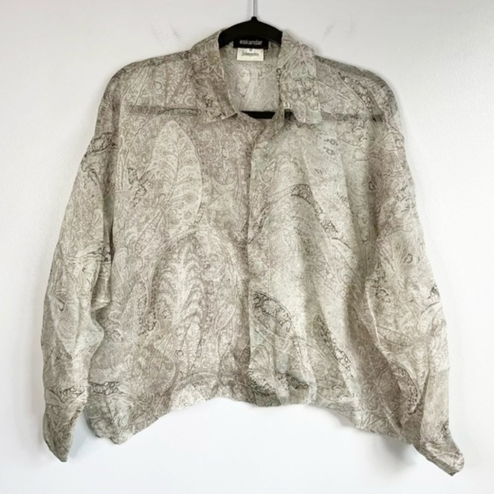 Eskandar Sz 0 • Natural Beige Blue Trellis Silk Button Down Shirt Top.